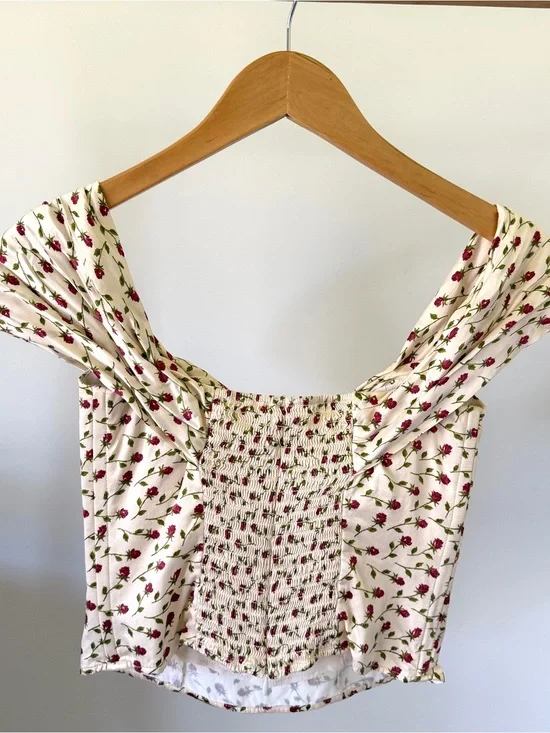 Reformation Lux Silk Off Shoulder Corset Top in Rose Print - 0